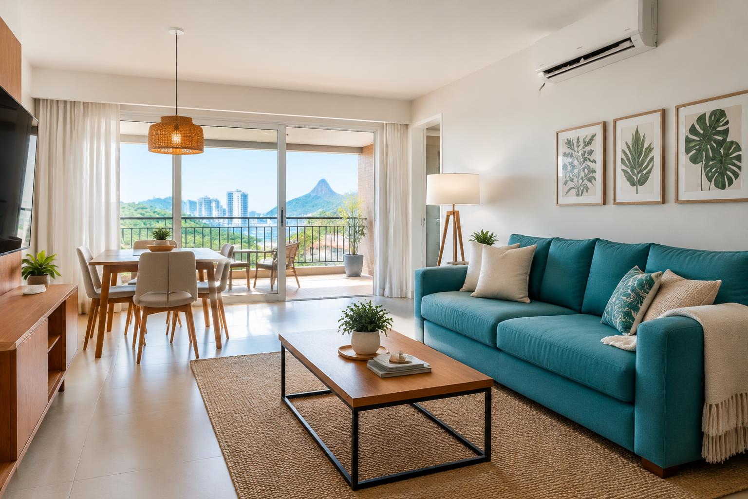 Apartamento de temporada com ar-condicionado e ambiente preparado para hóspedes